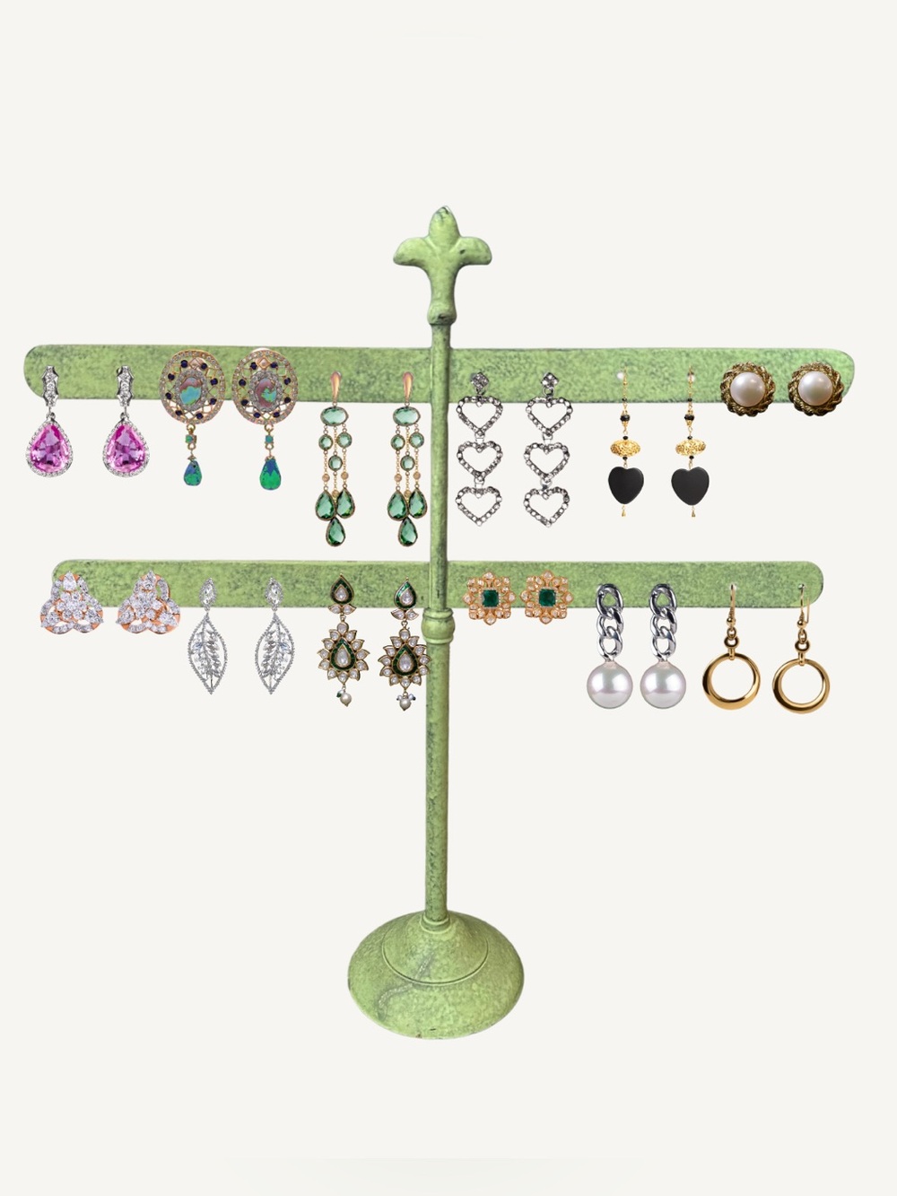 Earring Organizer Stand Adjustable Height Double Tier Green Metal Fleur de Lis